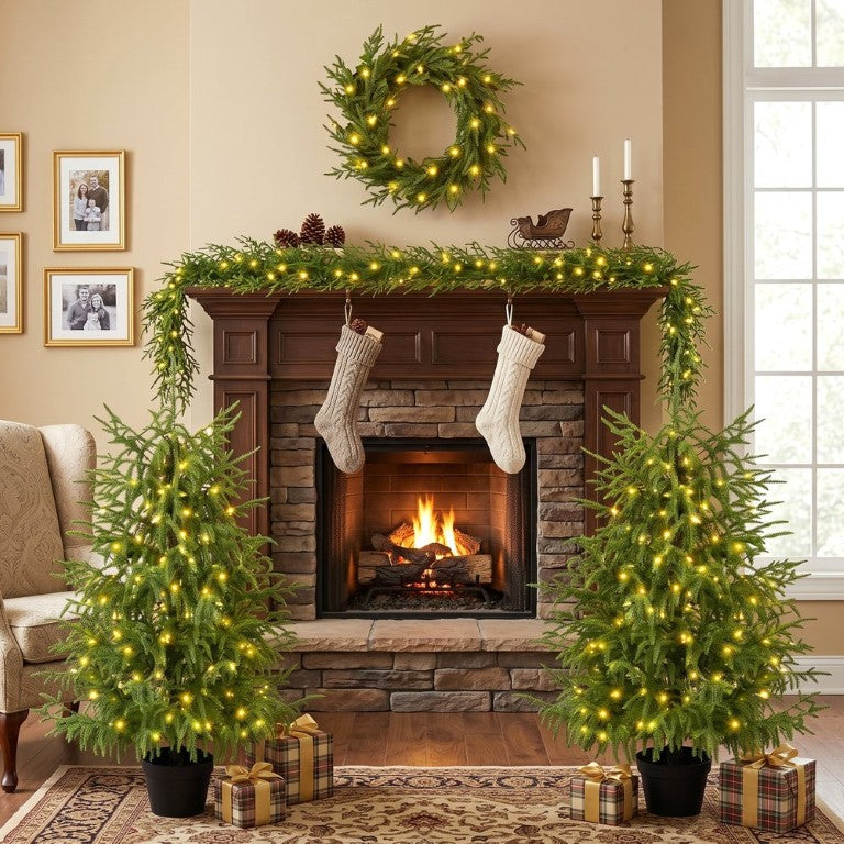 English Elm 4-Piece Artificial Holiday Set with PE Branch Tips Warm LED Glow for Festive Indoor Decor N710P513664F