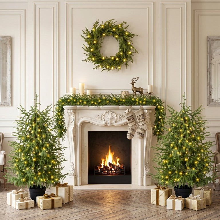 English Elm 4-Piece Artificial Holiday Set with PE Branch Tips Warm LED Glow for Festive Indoor Decor N710P513664F