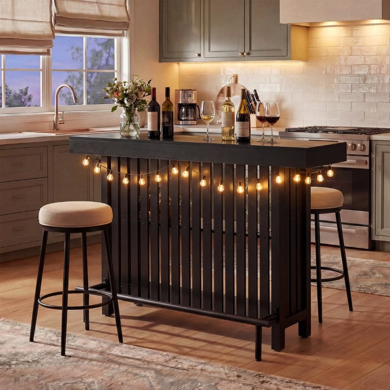 English Elm U_style Marble Grain Counter Height Bar Table with Slatted Panels and Built in Wine Rack Black N711P427063B