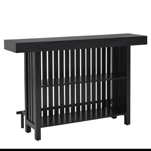 English Elm U_style Marble Grain Counter Height Bar Table with Slatted Panels and Built in Wine Rack Black N711P427063B