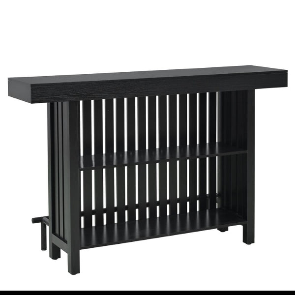 English Elm U_style Marble Grain Counter Height Bar Table with Slatted Panels and Built in Wine Rack Black N711P427063B