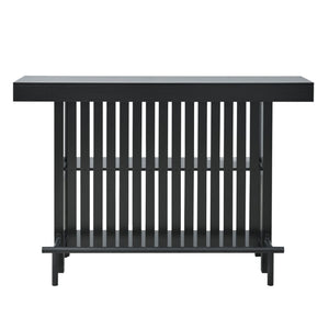 English Elm U_style Marble Grain Counter Height Bar Table with Slatted Panels and Built in Wine Rack Black N711P427063B