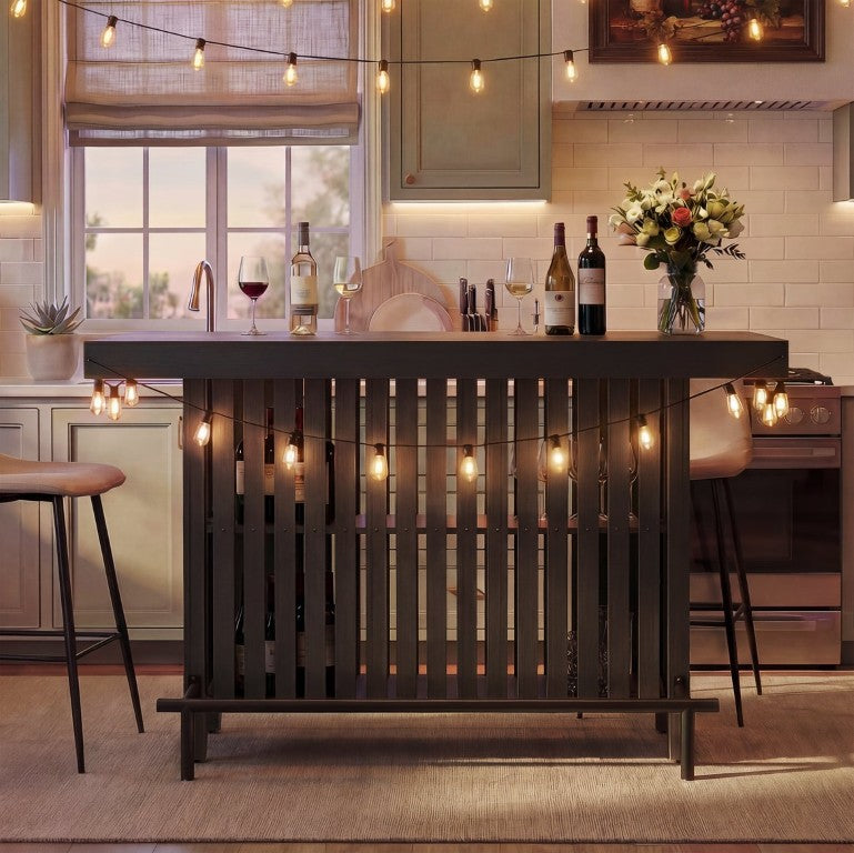 English Elm U_style Marble Grain Counter Height Bar Table with Slatted Panels and Built in Wine Rack Black N711P427063B