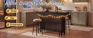 English Elm U_style Marble Grain Counter Height Bar Table with Slatted Panels and Built in Wine Rack Black N711P427063B