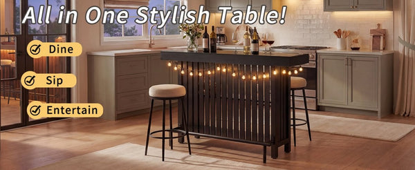 English Elm U_style Marble Grain Counter Height Bar Table with Slatted Panels and Built in Wine Rack Black N711P427063B