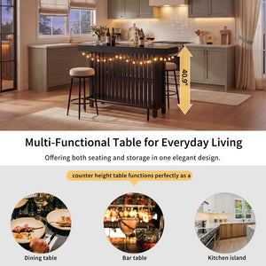 English Elm U_style Marble Grain Counter Height Bar Table with Slatted Panels and Built in Wine Rack Black N711P427063B