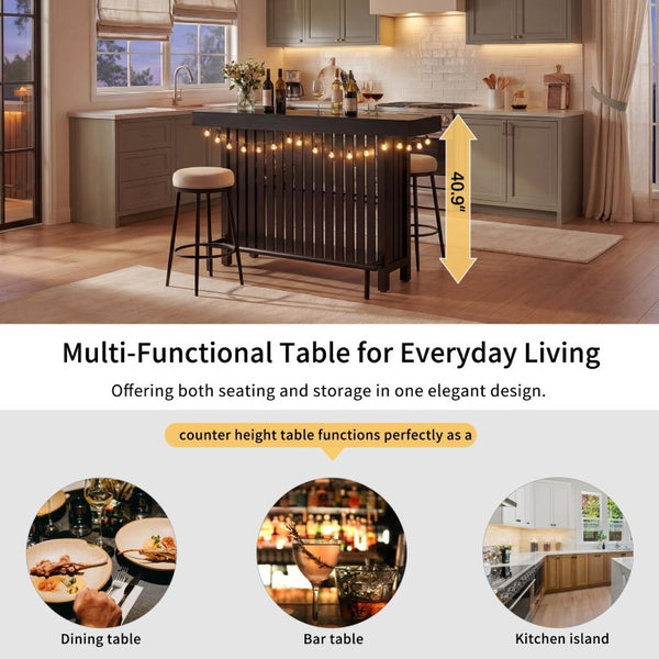English Elm U_style Marble Grain Counter Height Bar Table with Slatted Panels and Built in Wine Rack Black N711P427063B