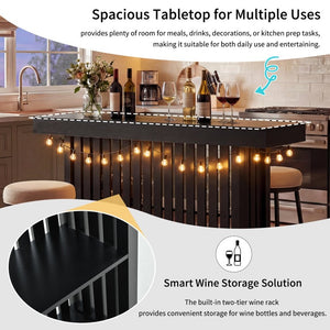 English Elm U_style Marble Grain Counter Height Bar Table with Slatted Panels and Built in Wine Rack Black N711P427063B