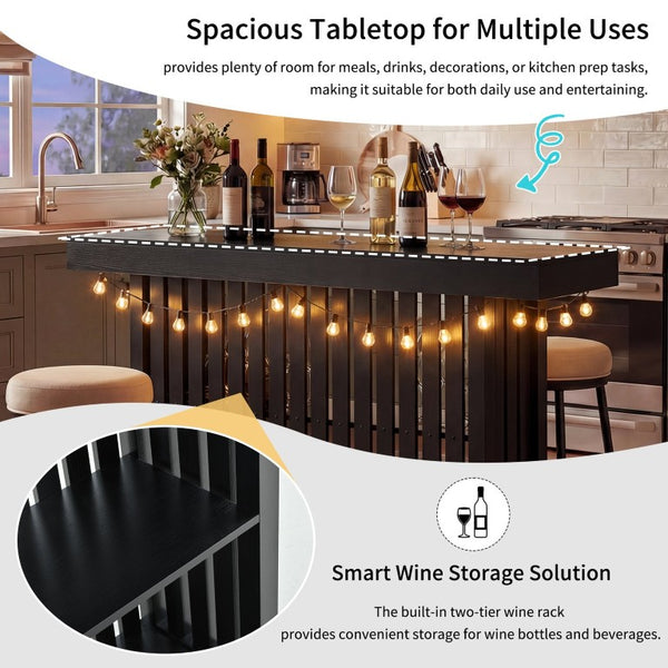 English Elm U_style Marble Grain Counter Height Bar Table with Slatted Panels and Built in Wine Rack Black N711P427063B