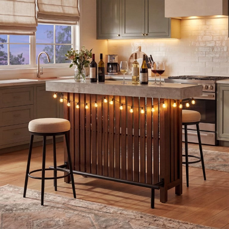 English Elm U_style Counter Height Bar Sideboard with Wine Rack Marble Grain Top and Slatted Panels N711P427063O