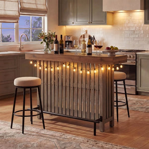 English Elm U_style Marble Grain Counter Height Bar Table with Slatted Panels and Built in Wine Rack Grey+Brown N711P427063R