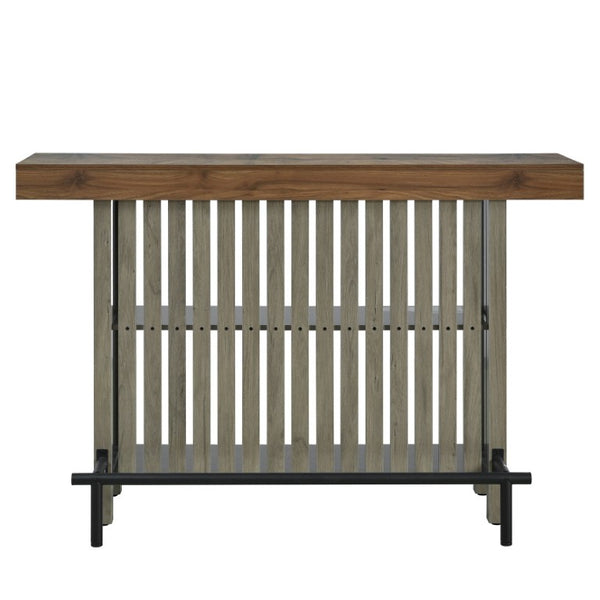 English Elm U_style Marble Grain Counter Height Bar Table with Slatted Panels and Built in Wine Rack Grey+Brown N711P427063R