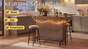English Elm U_style Marble Grain Counter Height Bar Table with Slatted Panels and Built in Wine Rack Grey+Brown N711P427063R