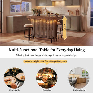 English Elm U_style Marble Grain Counter Height Bar Table with Slatted Panels and Built in Wine Rack Grey+Brown N711P427063R