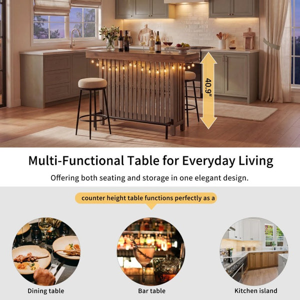 English Elm U_style Marble Grain Counter Height Bar Table with Slatted Panels and Built in Wine Rack Grey+Brown N711P427063R