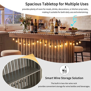 English Elm U_style Marble Grain Counter Height Bar Table with Slatted Panels and Built in Wine Rack Grey+Brown N711P427063R