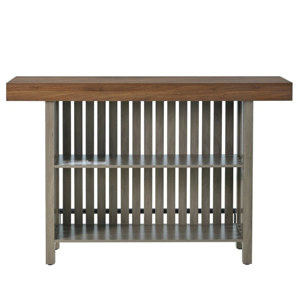 English Elm U_style Marble Grain Counter Height Bar Table with Slatted Panels and Built in Wine Rack Grey+Brown N711P427063R