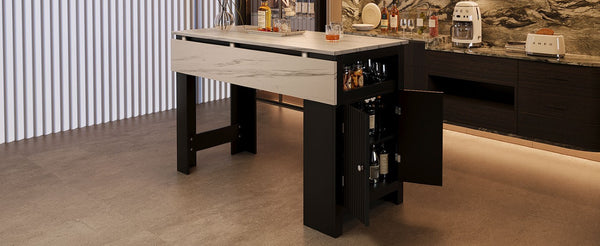 English Elm U_style-Ca Multifunctional Drop Leaf Sideboard with Marble Top Two Door Kitchen Cabinet Black, Walnut N711P427079B