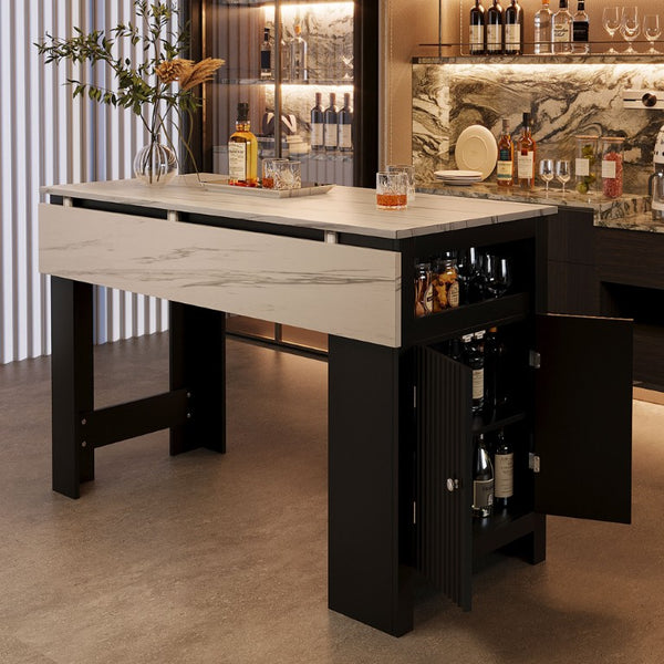 English Elm U_style-Ca Multifunctional Drop Leaf Sideboard with Marble Top Two Door Kitchen Cabinet Black, Walnut N711P427079B