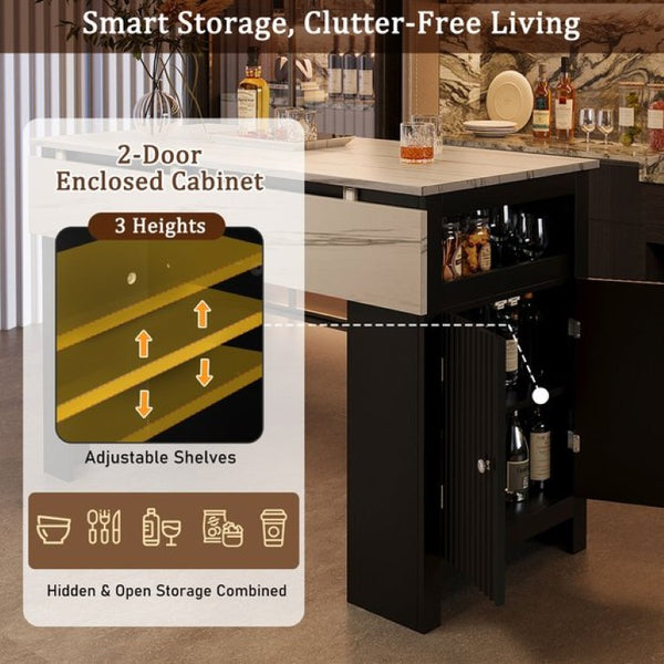 English Elm U_style-Ca Multifunctional Drop Leaf Sideboard with Marble Top Two Door Kitchen Cabinet Black, Walnut N711P427079B
