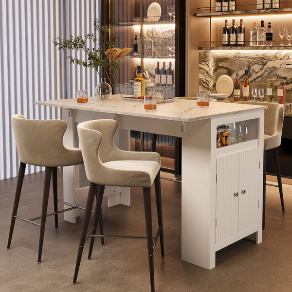 English Elm U_style-Ca Multifunctional Drop Leaf Sideboard with Marble Top Two Door Kitchen Cabinet White N711P427079K