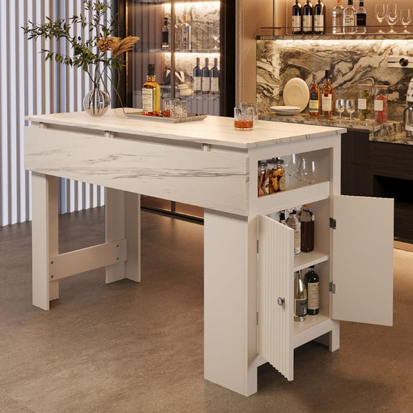 English Elm U_style-Ca Multifunctional Drop Leaf Sideboard with Marble Top Two Door Kitchen Cabinet White N711P427079K