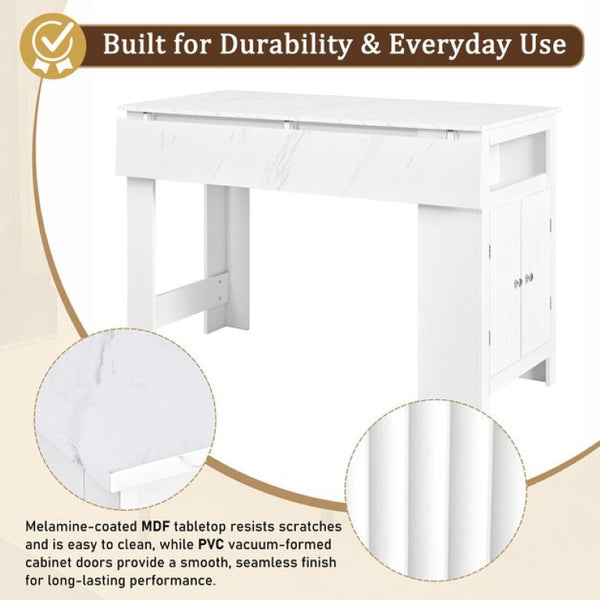 English Elm U_style-Ca Multifunctional Drop Leaf Sideboard with Marble Top Two Door Kitchen Cabinet White N711P427079K