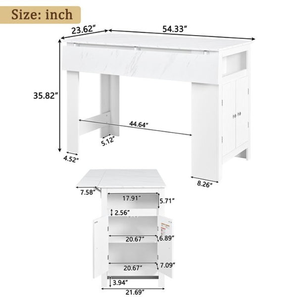 English Elm U_style-Ca Multifunctional Drop Leaf Sideboard with Marble Top Two Door Kitchen Cabinet White N711P427079K