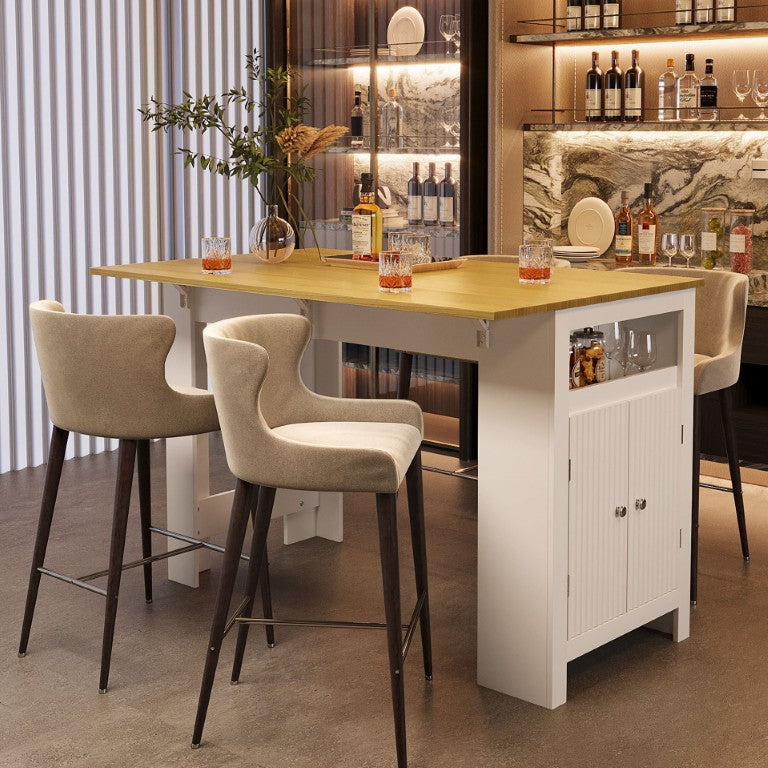 English Elm U_style-Ca Foldable Sideboard with Marble Grain Drop Leaf Top and Two Door Cabinet N711P427079O