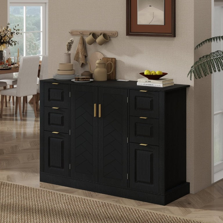 English Elm U_style Modern Buffet Cabinet with Six Drawers Built-In Power Outlet and Adjustable Shelving Black N711P437720B