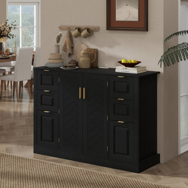 English Elm U_style Modern Buffet Cabinet with Six Drawers Built-In Power Outlet and Adjustable Shelving Black N711P437720B