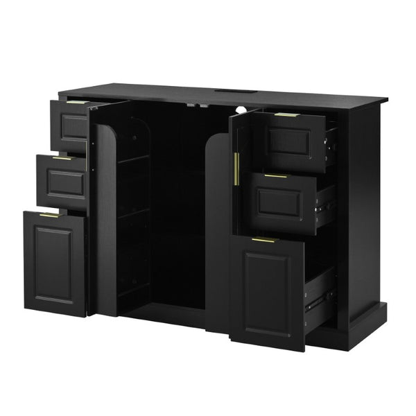 English Elm U_style Modern Buffet Cabinet with Six Drawers Built-In Power Outlet and Adjustable Shelving Black N711P437720B