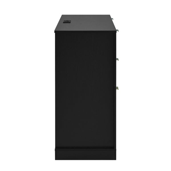 English Elm U_style Modern Buffet Cabinet with Six Drawers Built-In Power Outlet and Adjustable Shelving Black N711P437720B