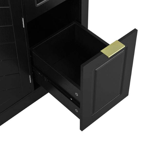 English Elm U_style Modern Buffet Cabinet with Six Drawers Built-In Power Outlet and Adjustable Shelving Black N711P437720B