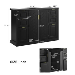 English Elm U_style Modern Buffet Cabinet with Six Drawers Built-In Power Outlet and Adjustable Shelving Black N711P437720B
