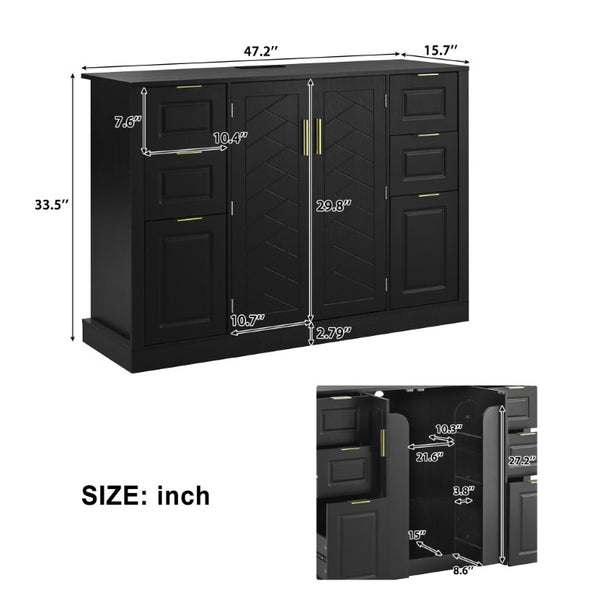 English Elm U_style Modern Buffet Cabinet with Six Drawers Built-In Power Outlet and Adjustable Shelving Black N711P437720B