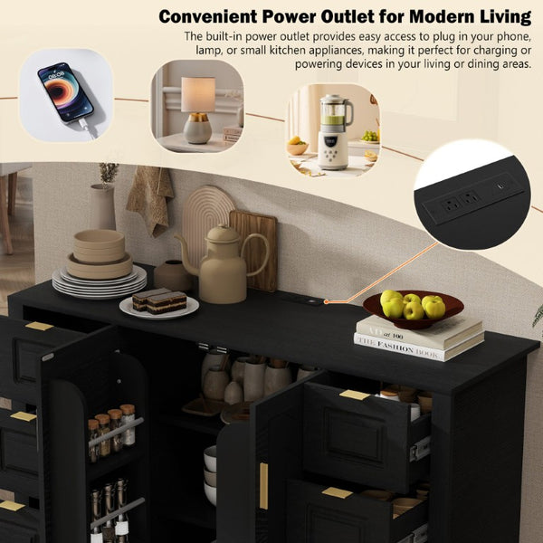 English Elm U_style Modern Buffet Cabinet with Six Drawers Built-In Power Outlet and Adjustable Shelving Black N711P437720B