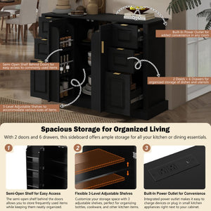 English Elm U_style Modern Buffet Cabinet with Six Drawers Built-In Power Outlet and Adjustable Shelving Black N711P437720B