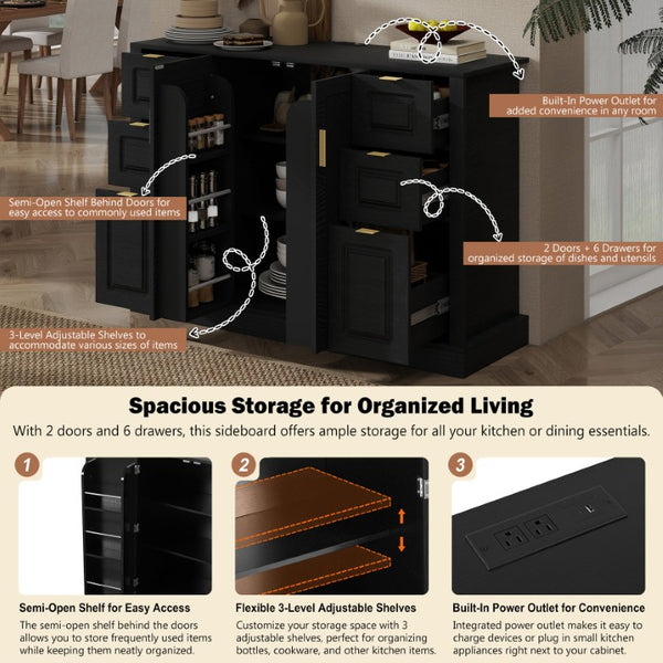 English Elm U_style Modern Buffet Cabinet with Six Drawers Built-In Power Outlet and Adjustable Shelving Black N711P437720B