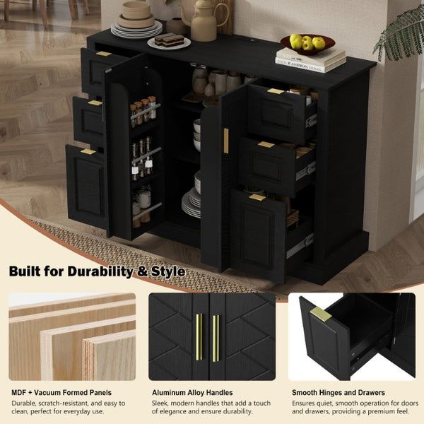 English Elm U_style Modern Buffet Cabinet with Six Drawers Built-In Power Outlet and Adjustable Shelving Black N711P437720B