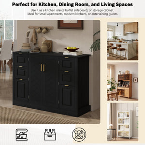 English Elm U_style Modern Buffet Cabinet with Six Drawers Built-In Power Outlet and Adjustable Shelving Black N711P437720B