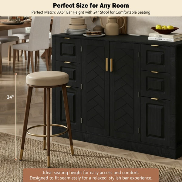 English Elm U_style Modern Buffet Cabinet with Six Drawers Built-In Power Outlet and Adjustable Shelving Black N711P437720B