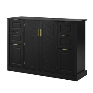 English Elm U_style Modern Buffet Cabinet with Six Drawers Built-In Power Outlet and Adjustable Shelving Black N711P437720B
