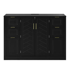 English Elm U_style Modern Buffet Cabinet with Six Drawers Built-In Power Outlet and Adjustable Shelving Black N711P437720B