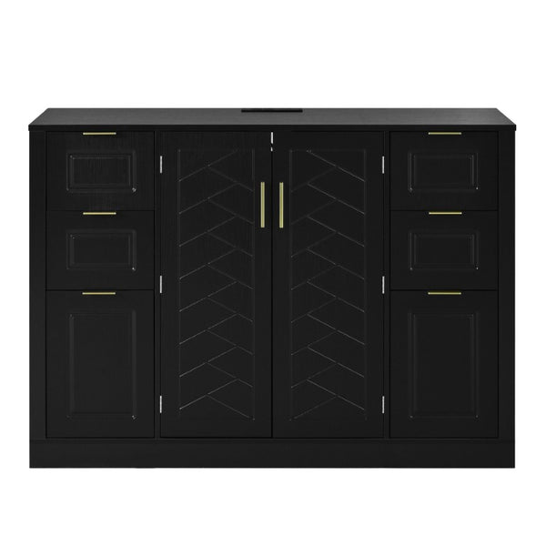 English Elm U_style Modern Buffet Cabinet with Six Drawers Built-In Power Outlet and Adjustable Shelving Black N711P437720B