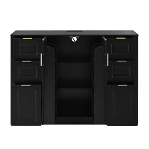 English Elm U_style Modern Buffet Cabinet with Six Drawers Built-In Power Outlet and Adjustable Shelving Black N711P437720B