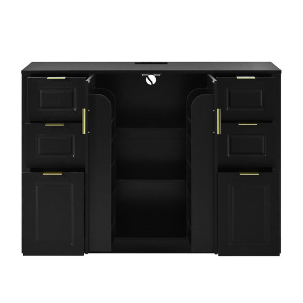English Elm U_style Modern Buffet Cabinet with Six Drawers Built-In Power Outlet and Adjustable Shelving Black N711P437720B