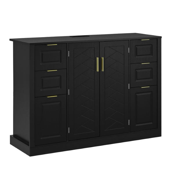 English Elm U_style Modern Buffet Cabinet with Six Drawers Built-In Power Outlet and Adjustable Shelving Black N711P437720B