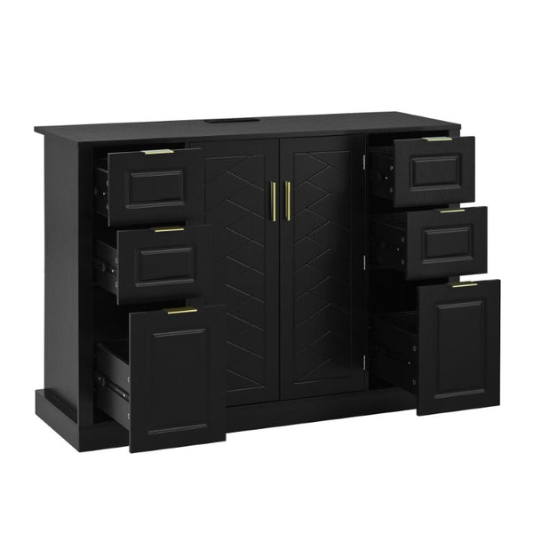 English Elm U_style Modern Buffet Cabinet with Six Drawers Built-In Power Outlet and Adjustable Shelving Black N711P437720B