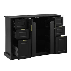 English Elm U_style Modern Buffet Cabinet with Six Drawers Built-In Power Outlet and Adjustable Shelving Black N711P437720B